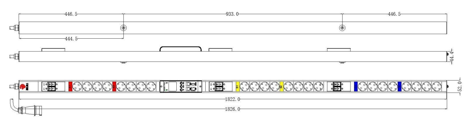 Блок распределения питания BNH B800.M, Schuko х24, шнур 3м, 1800х52х44 мм(ВхШхГ), 32А, 3ф, вход IEC 309 32A 3P+N+E, чёрный  арт. B800.M-3x32-24S  купить у официального дистрибьютора в Санкт-Петербурге и Москве с доставкой.